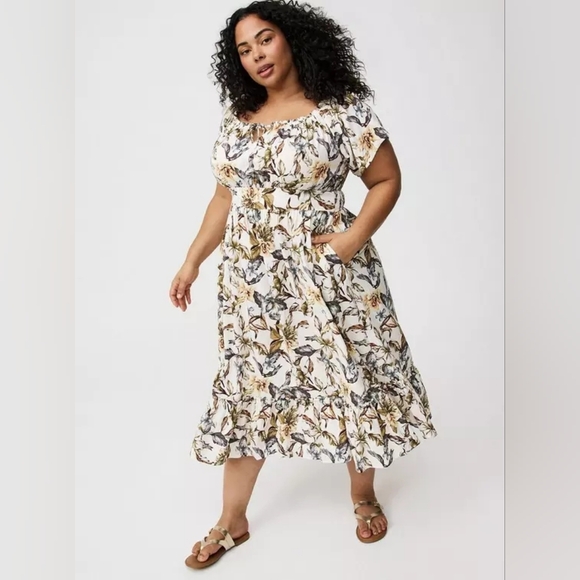 Torrid Chalis Floral Tea Dress Sz 0 0X L/XL Midi Vacation Tropical Resort Cruise - Picture 5 of 11